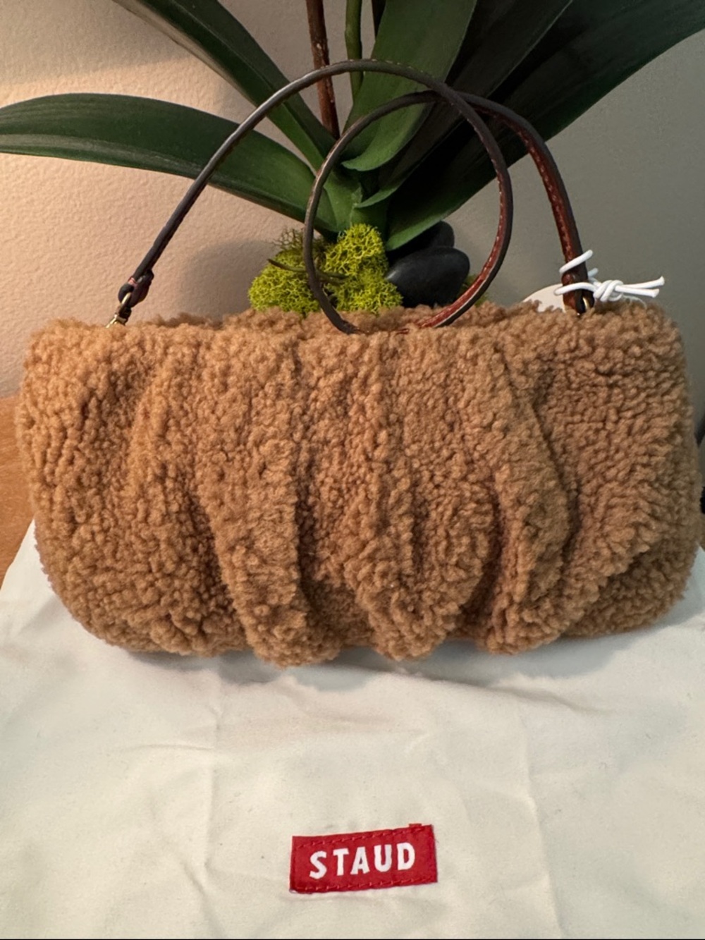 NWT Staud “Bean” lambswool/ leather clutch.
